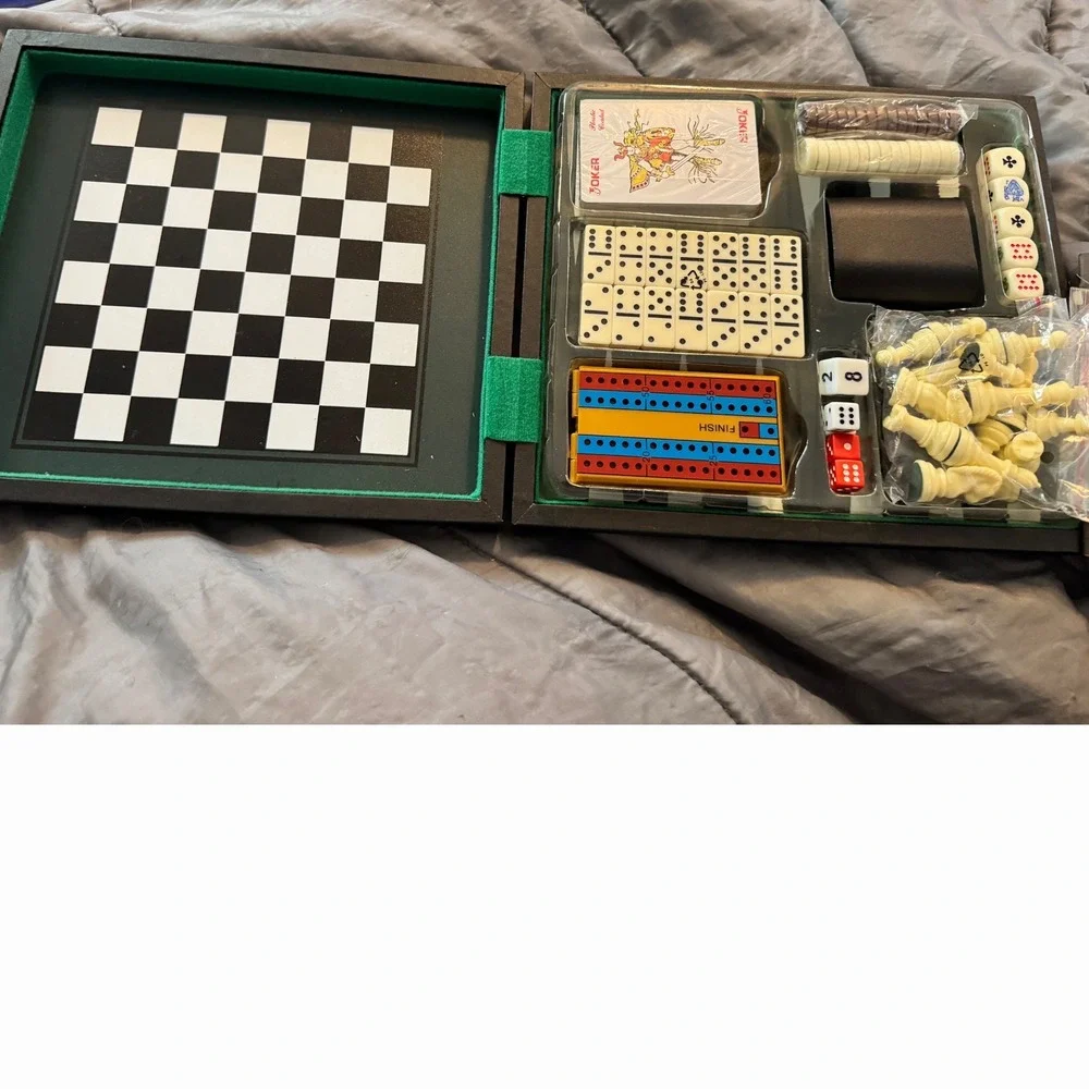 6-in-1 Travel Game Set Chess Backgammon Cribbage Dominoes Checkers Poker Case - Picture 1 of 8